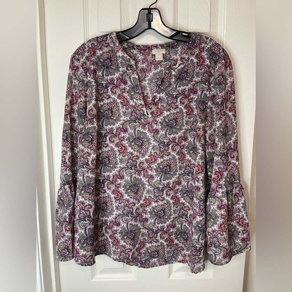 J Crew Purple Pink Colorful Preppy Paisley Boho V neck Bell Sleeve Shirt size XL